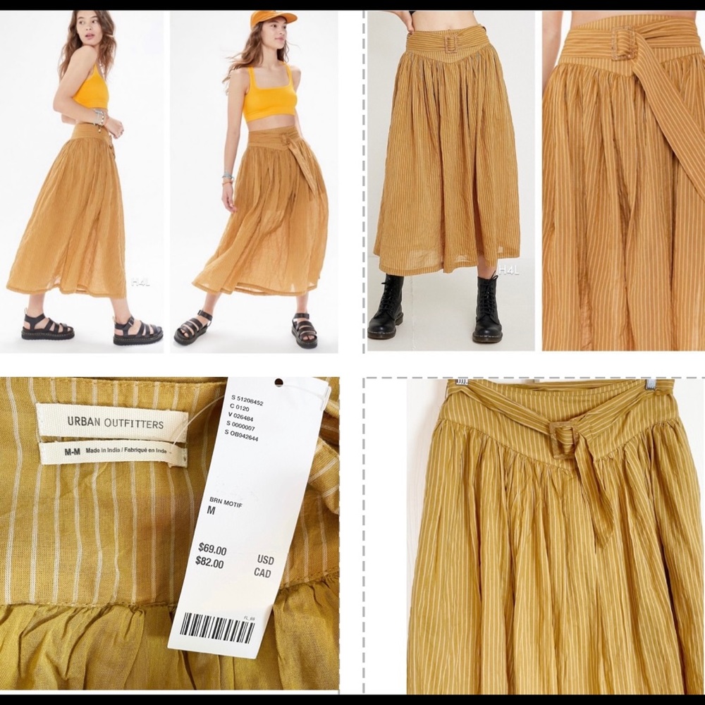 URBAN OUTFITTERS MUSTARD AND WHITE STRIPED FLOWEY MIDI SKIRT WITH REMOVABLE BELT